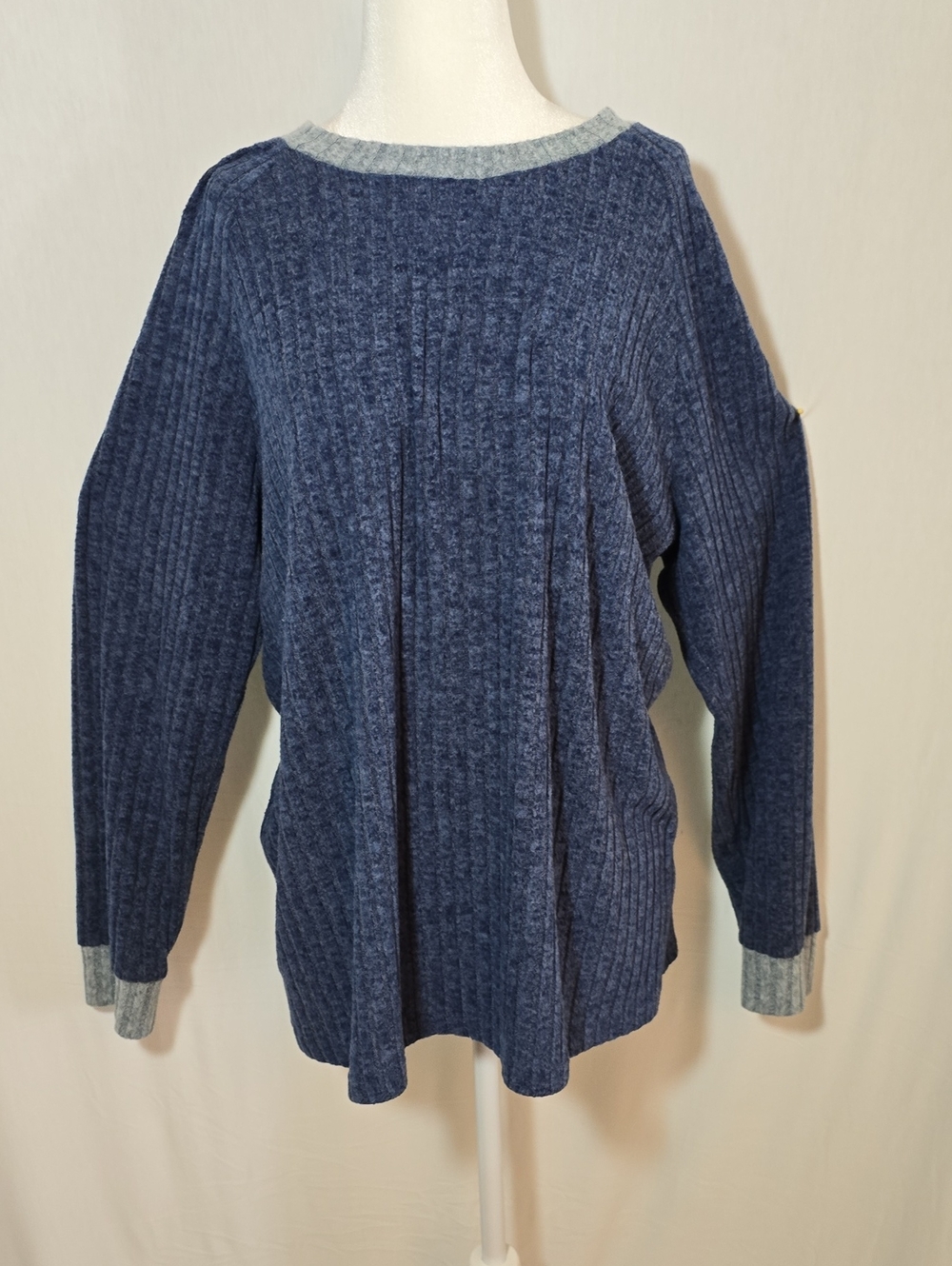 Blue Ribbed Knit Women's Sweater - Comfortable Long Sleeve